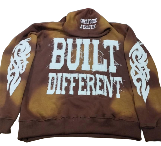 (NEW)Built Different Embroidered Acid Washed Hoodie “Brown”