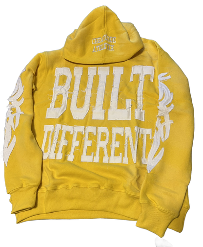 (NEW)Built Different Embroidered Acid Washed Hoodie “Yellow”