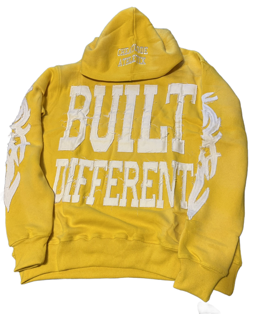 (NEW)Built Different Embroidered Acid Washed Hoodie “Yellow”